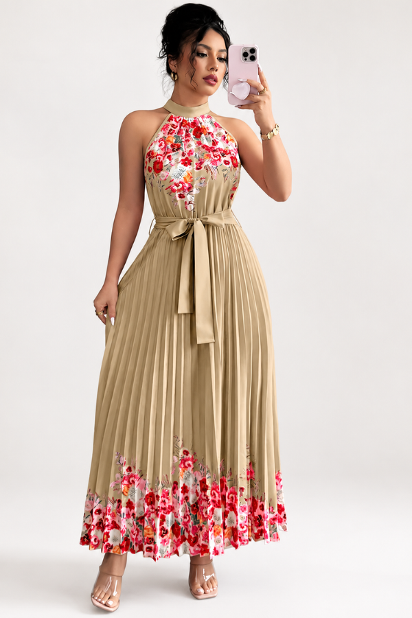 Mia's Boutique Square Neck Pleated Floral Midi