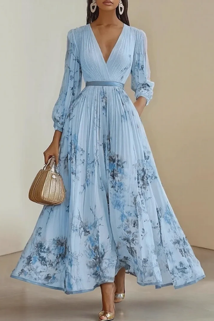 Mia's Boutique Pleated Long Sleeve Floral Maxi