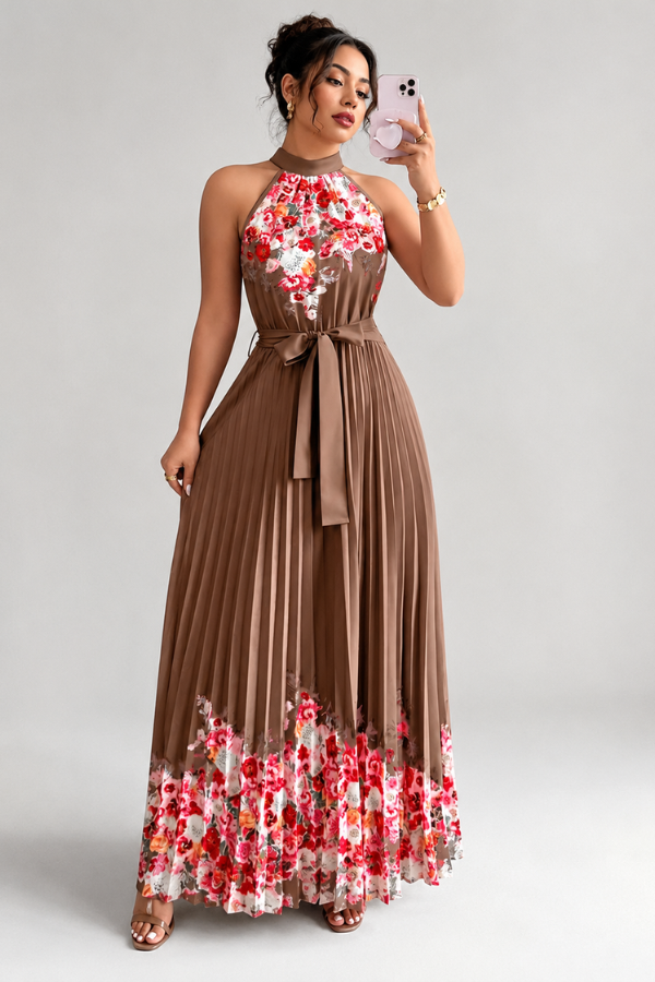Mia's Boutique Square Neck Pleated Floral Midi