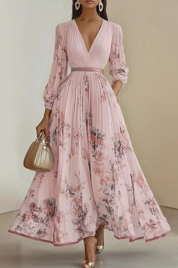 Mia's Boutique Pleated Long Sleeve Floral Maxi