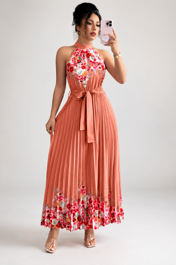 Mia's Boutique Square Neck Pleated Floral Midi