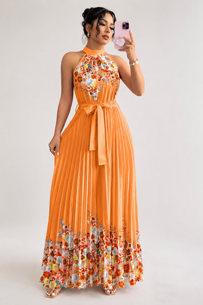Mia's Boutique Square Neck Pleated Floral Midi
